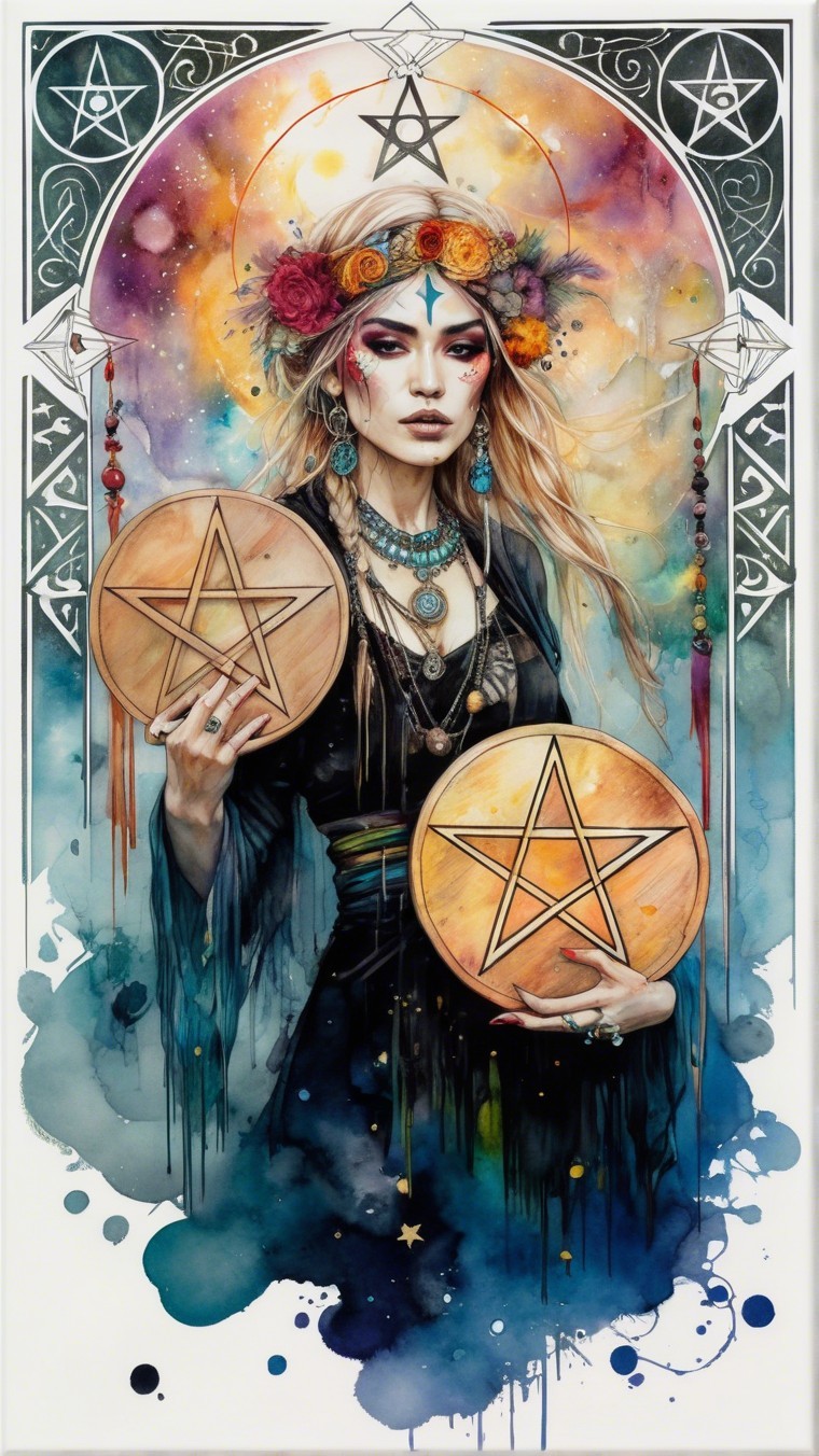 Mystical Figure with Pentacles Surrounded by Colors
