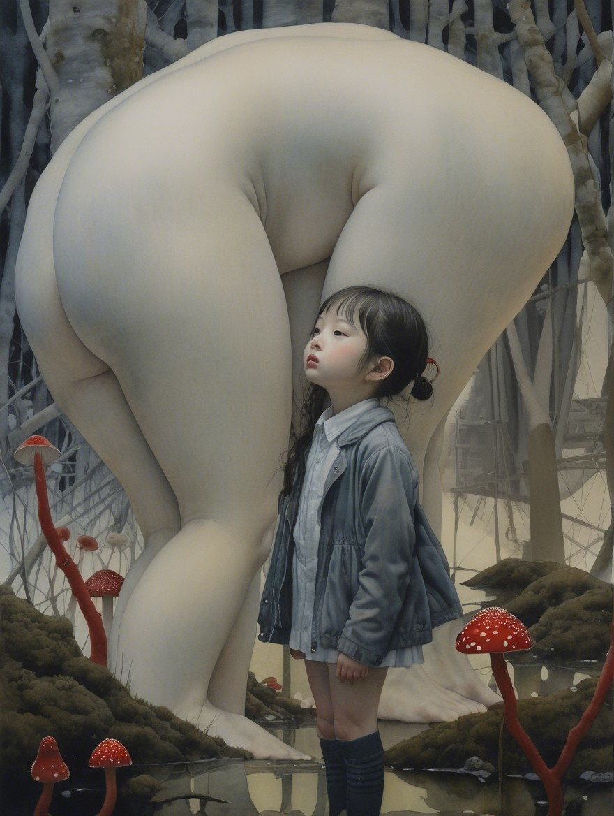 Surreal Forest Scene with Abstract Figure and Girl