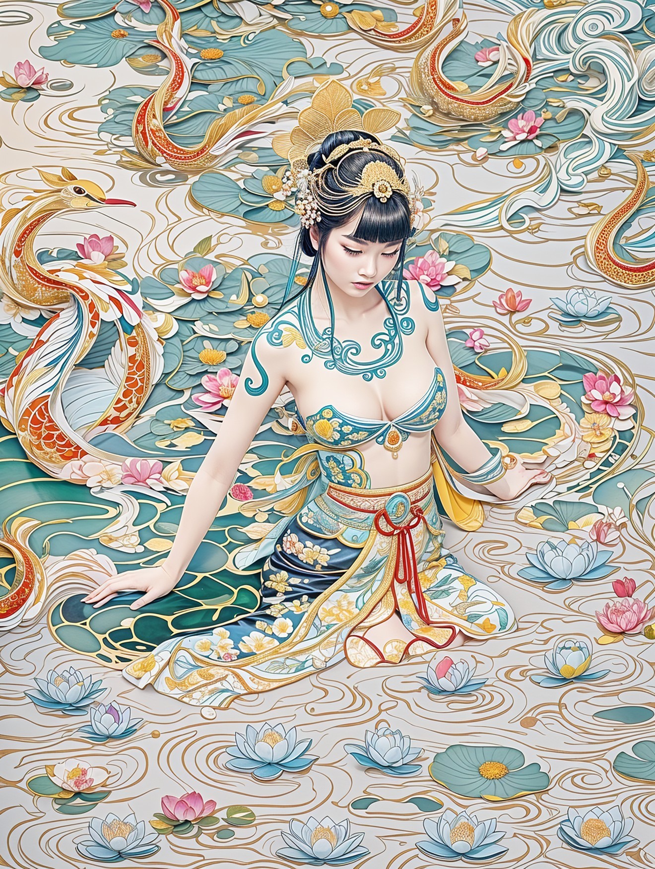 Serene figure amid swirling water and vibrant koi fish