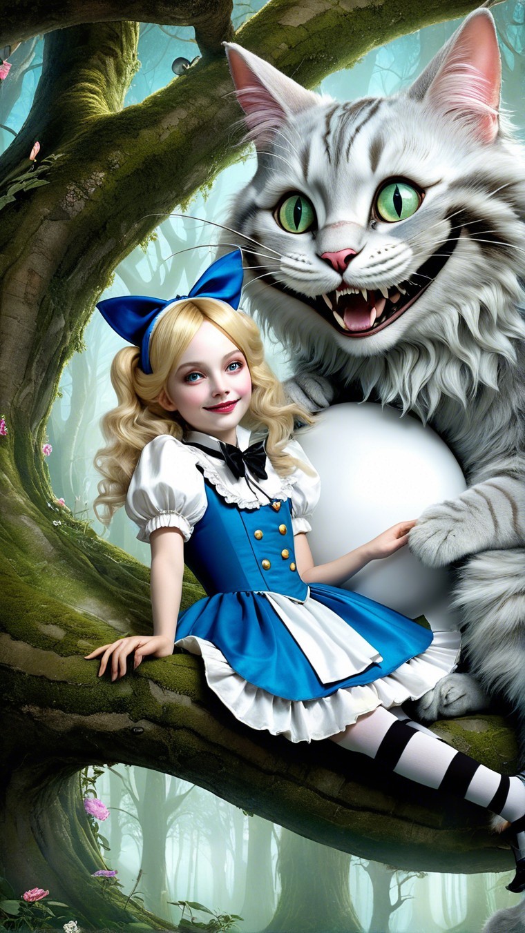 Whimsical Scene of Girl as Alice with Cheshire Cat