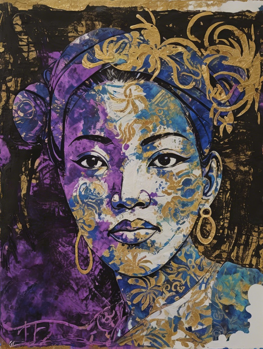 Portrait of a woman with blue and gold patterns
