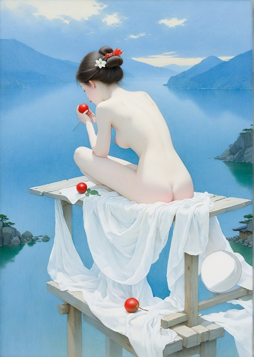 Woman by Tranquil Lake with Apples and Mountains