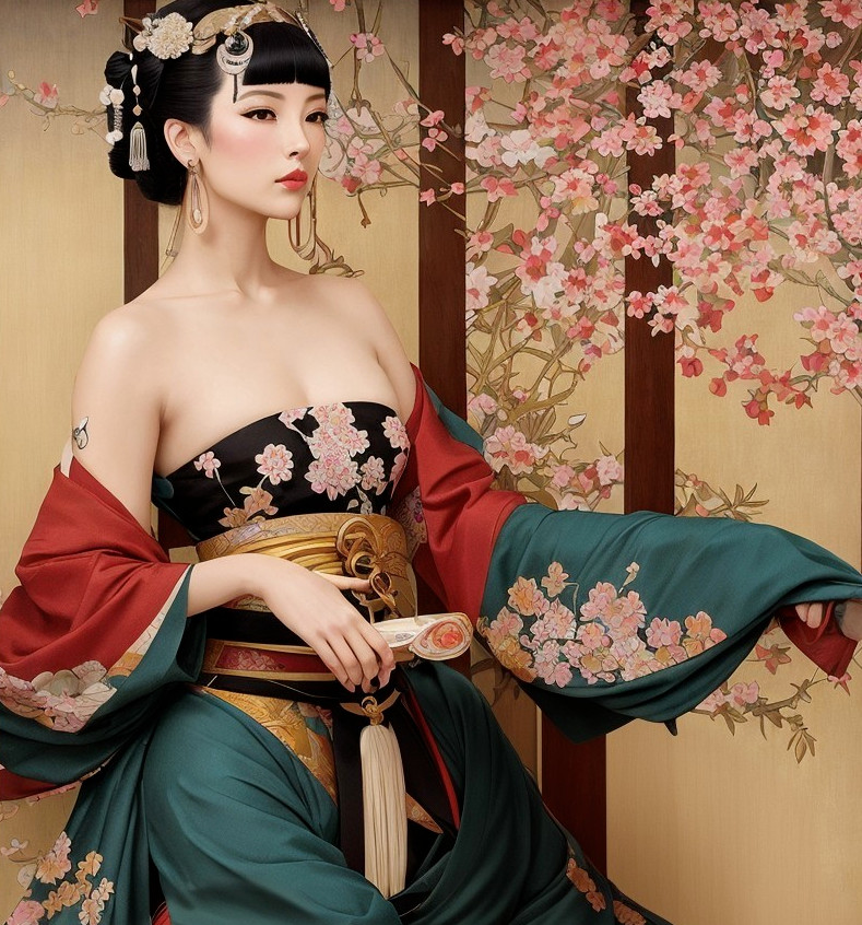 Traditional Japanese woman with cherry blossoms.