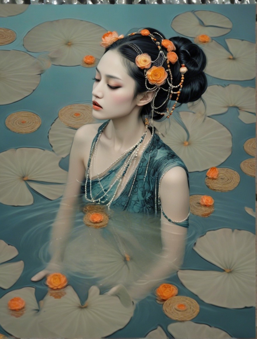Woman in tranquil pond with lotus and roses