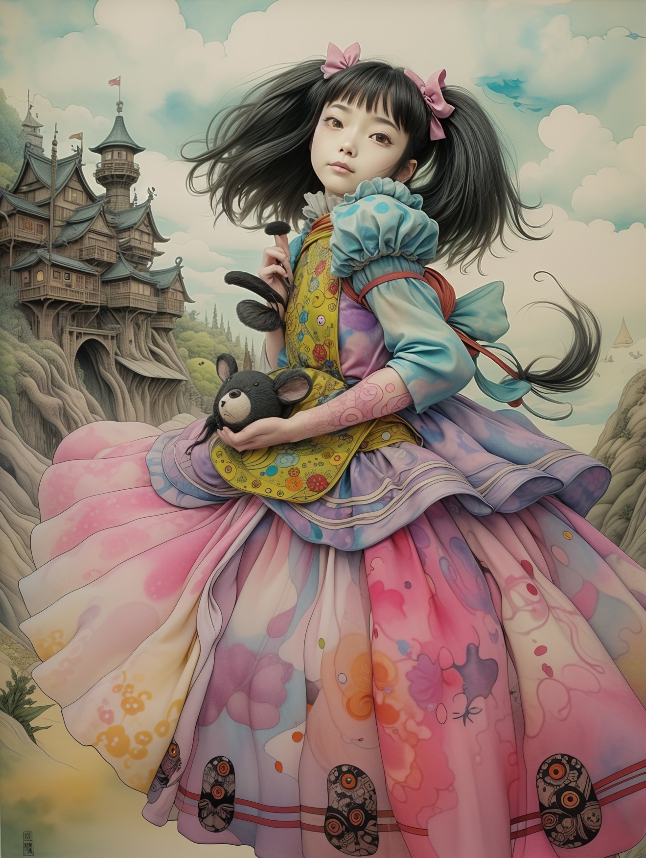 Whimsical Girl in Colorful Dress with Magical Castle