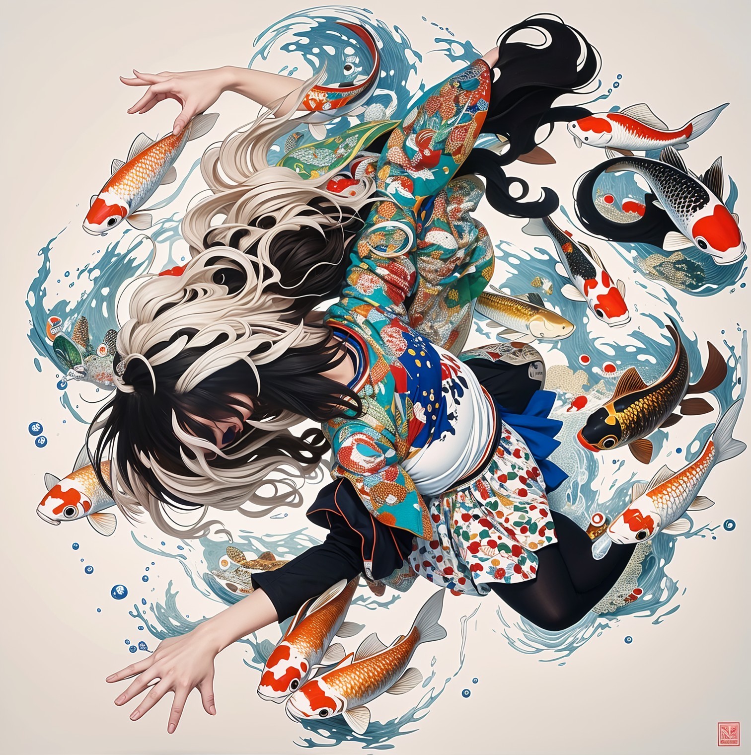 Young Woman in Kimono Diving into Vibrant Water