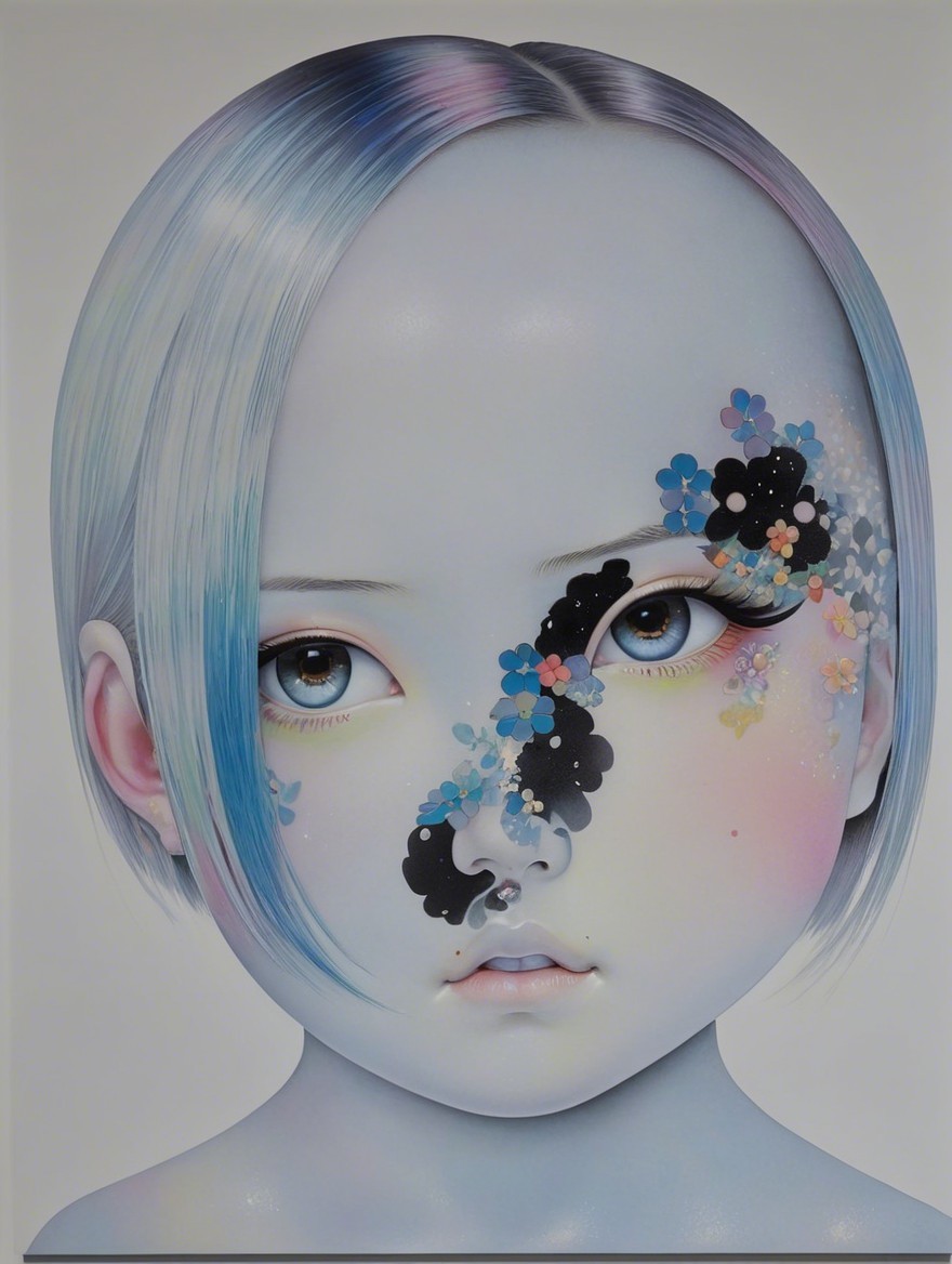 Androgynous Figure with Floral Patterns and Expressive Eyes