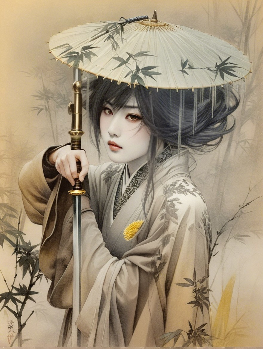 Serene Figure in Kimono with Decorative Umbrella