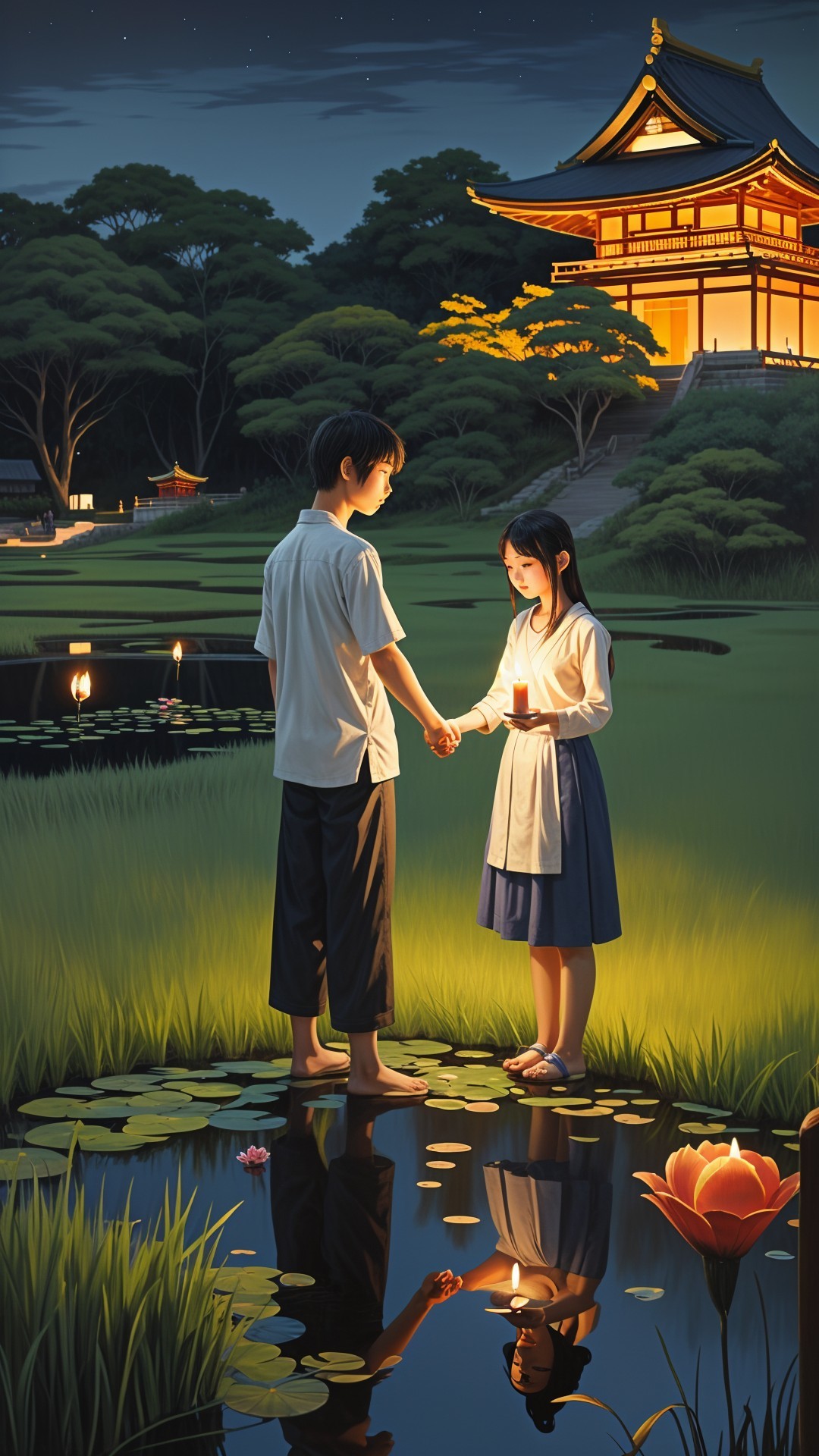 Children on Lily Pads in a Moonlit Japanese Garden
