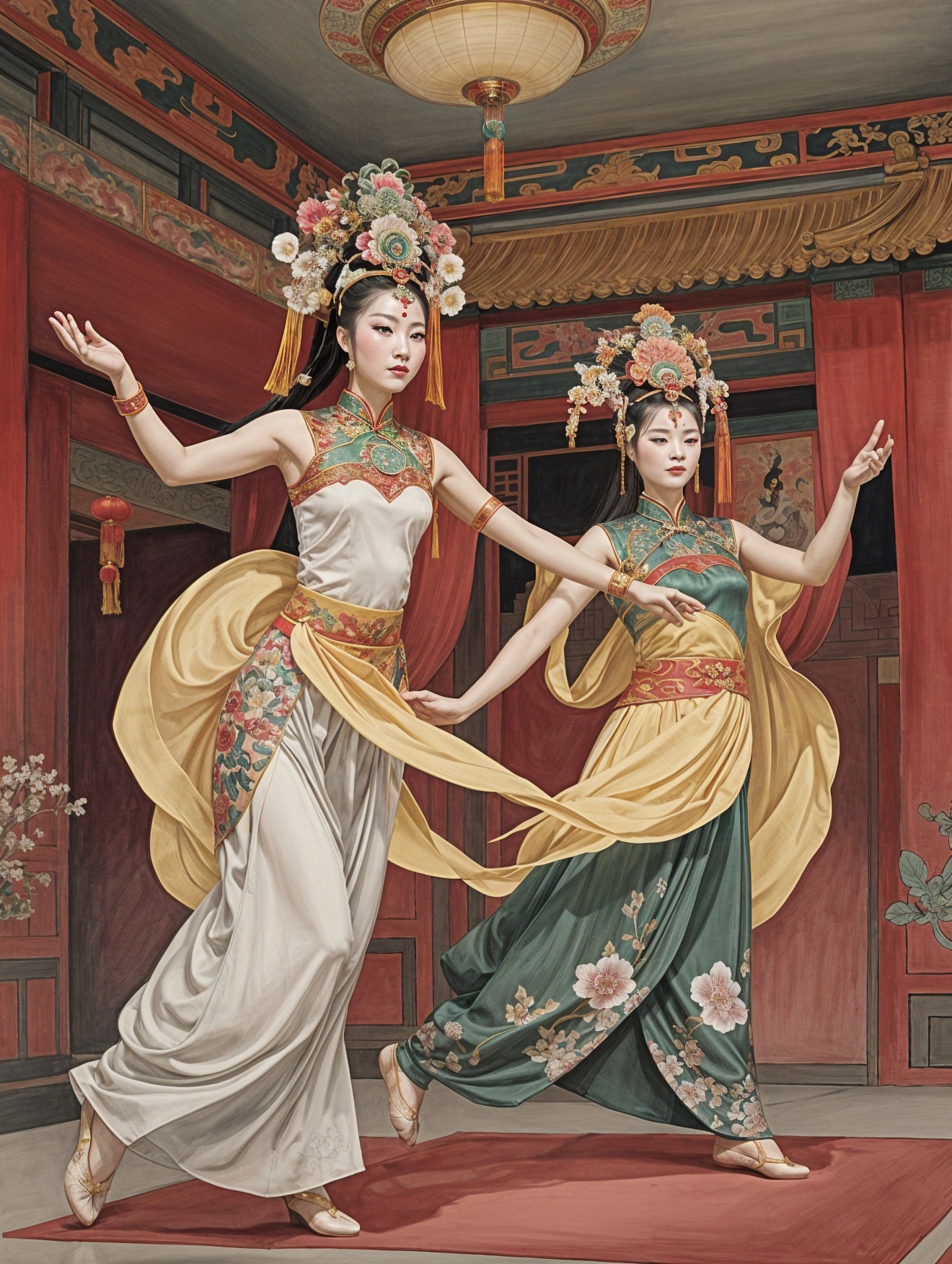 Elegant Dancers in Traditional Asian Setting