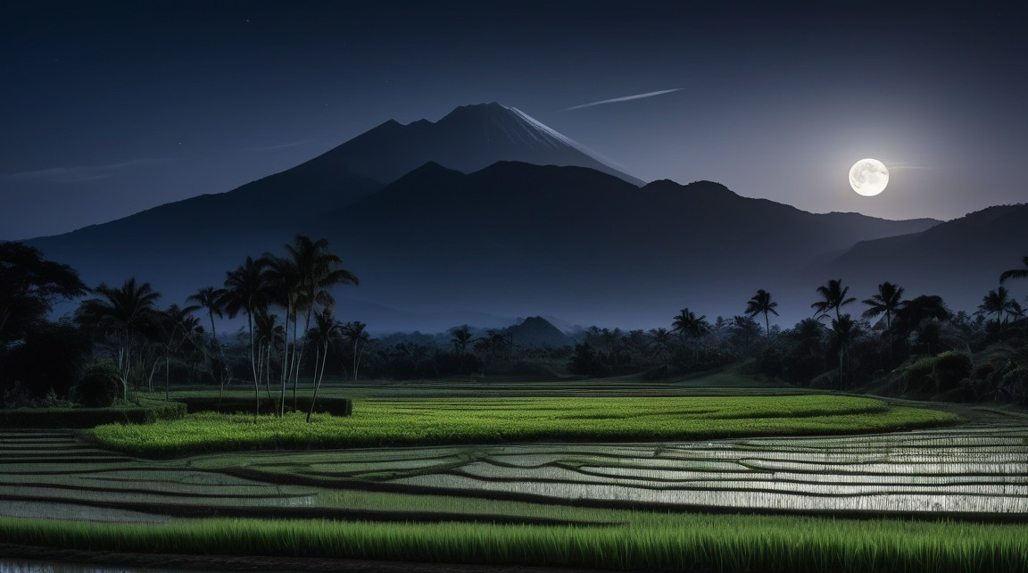 Moonlit Night: Serene Mountain Backdrop & Terraced Rice Fields