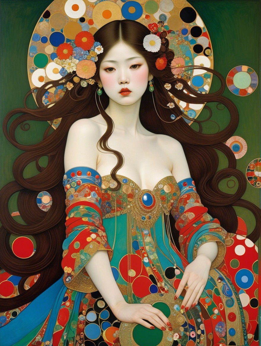 Elegant figure in vibrant patterned gown with floral motifs