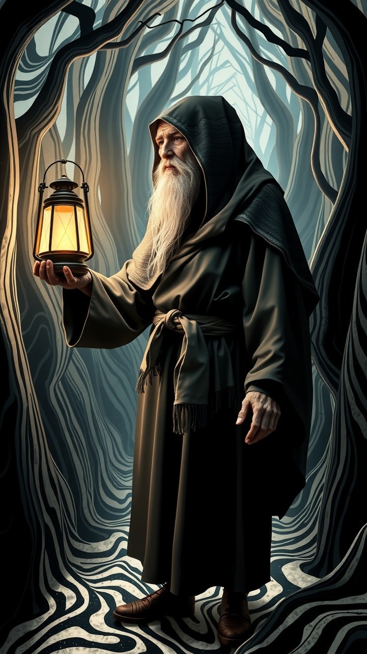 Elderly Figure with Lantern in Mystical Forest