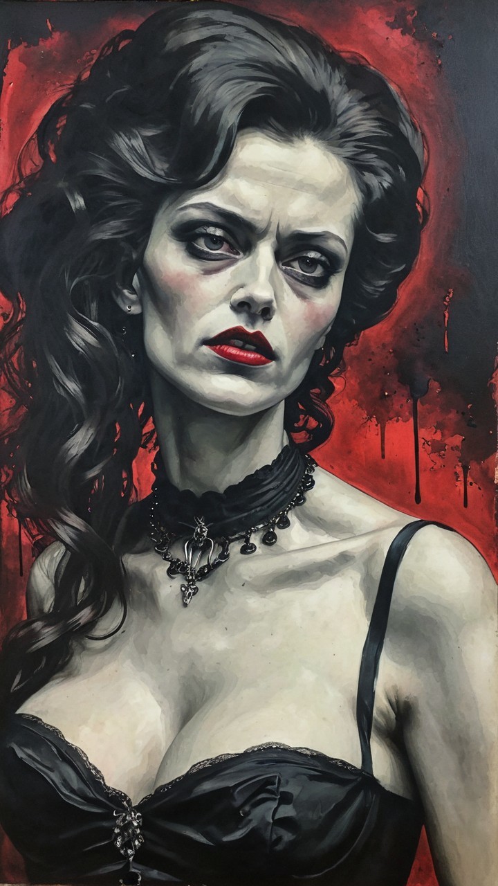 Portrait of a Woman in Black Lace Corset and Red Background