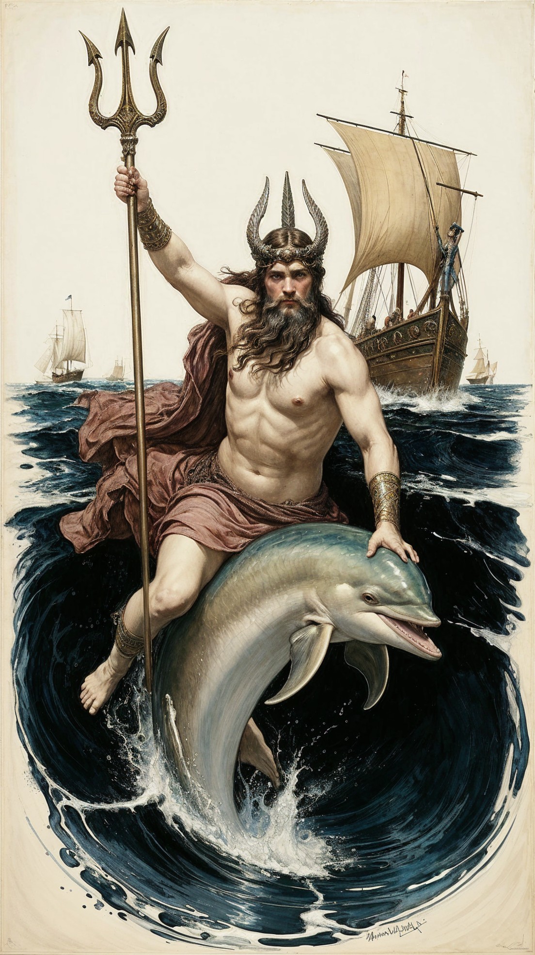 Muscular Sea God Riding Dolphin in Ocean Waves