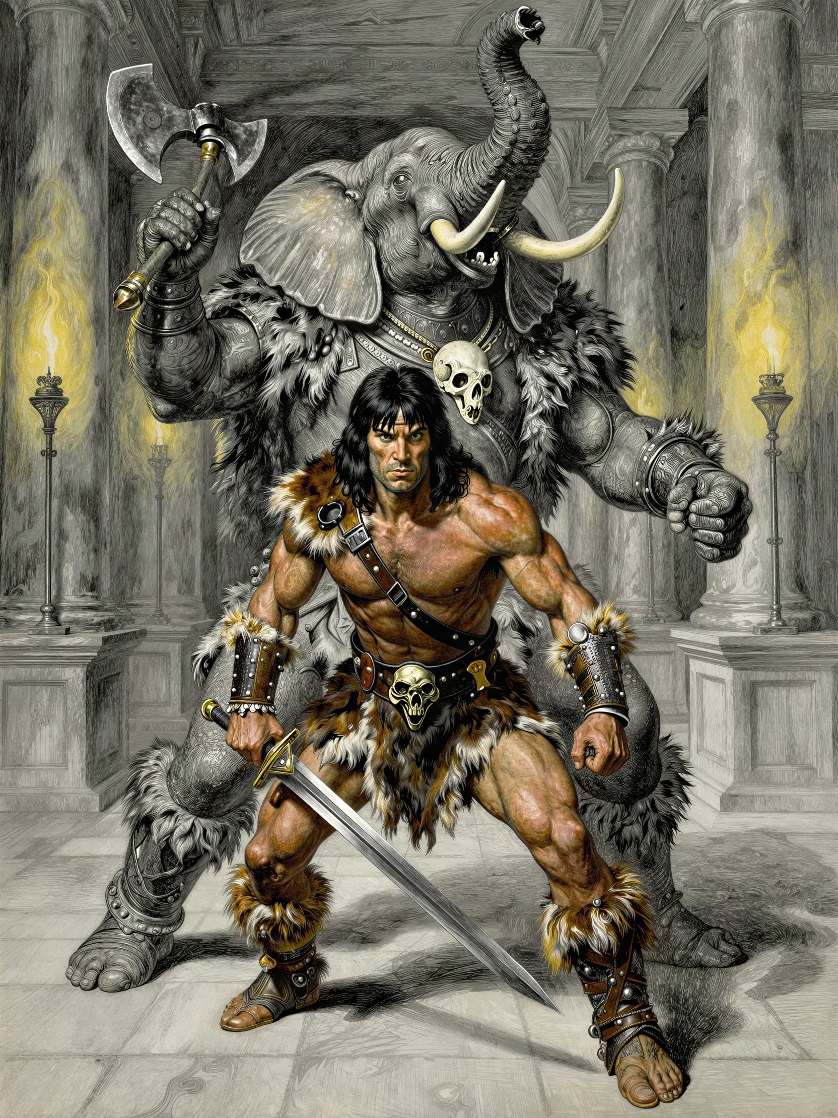Muscular Barbarian and Armored Elephant in Temple
