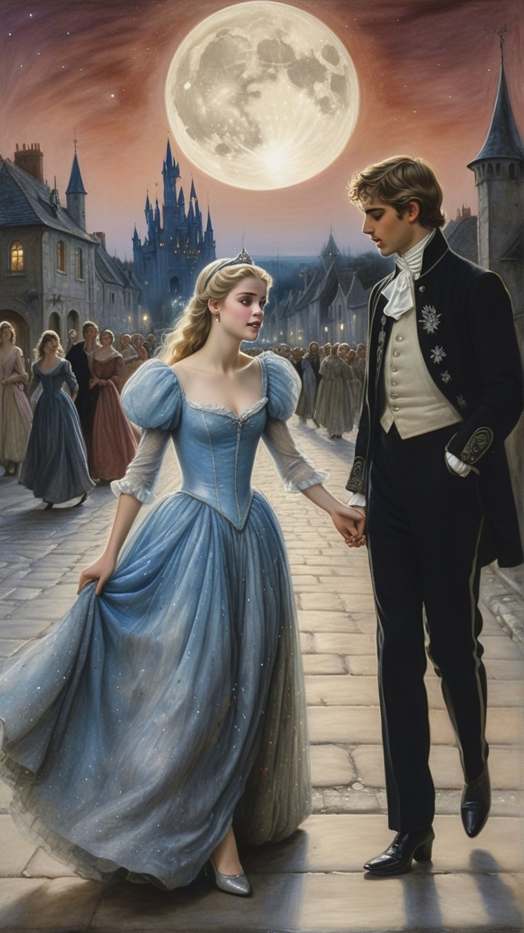 Magical Nighttime Scene with Young Couple in Gowns