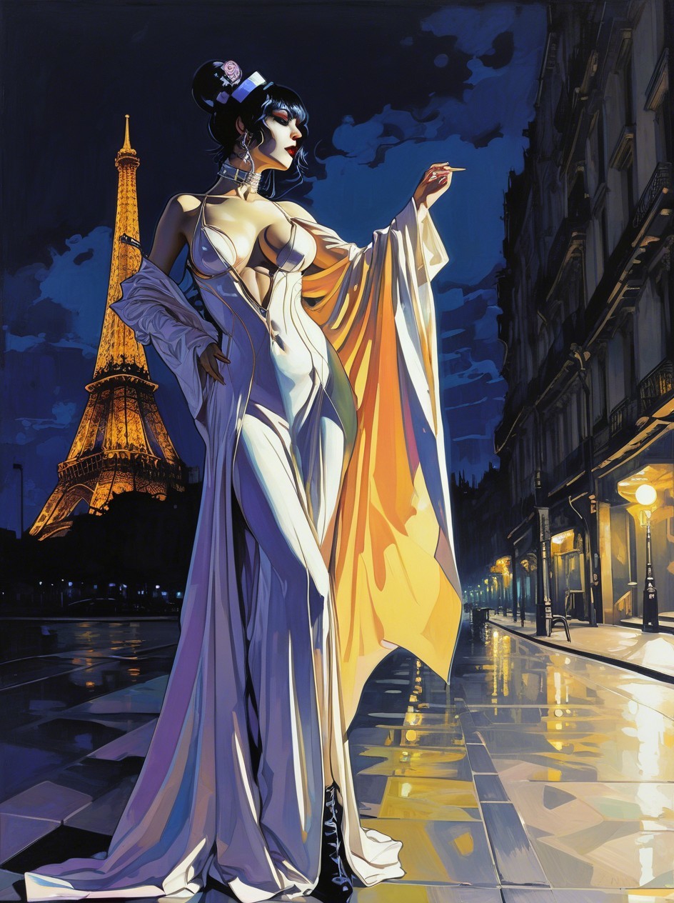 Regal Woman in White Dress with Cape at Night