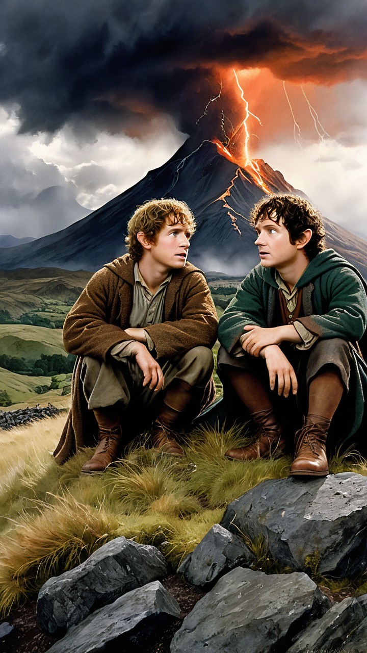Hobbit-like figures on hillside near erupting volcano
