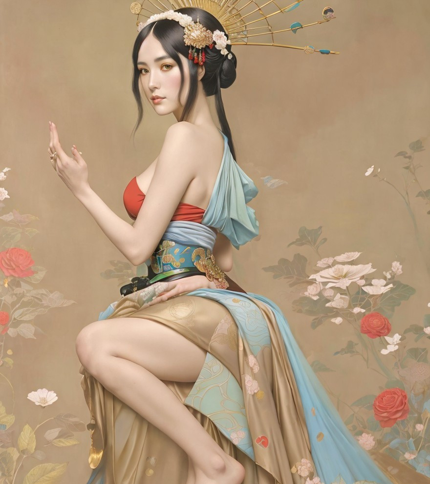 Traditional Attire with Floral Patterns and Accessories