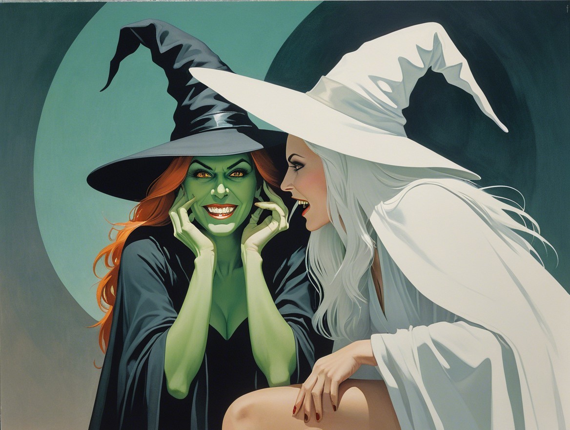 Whimsical Scene of Two Colorful Witches