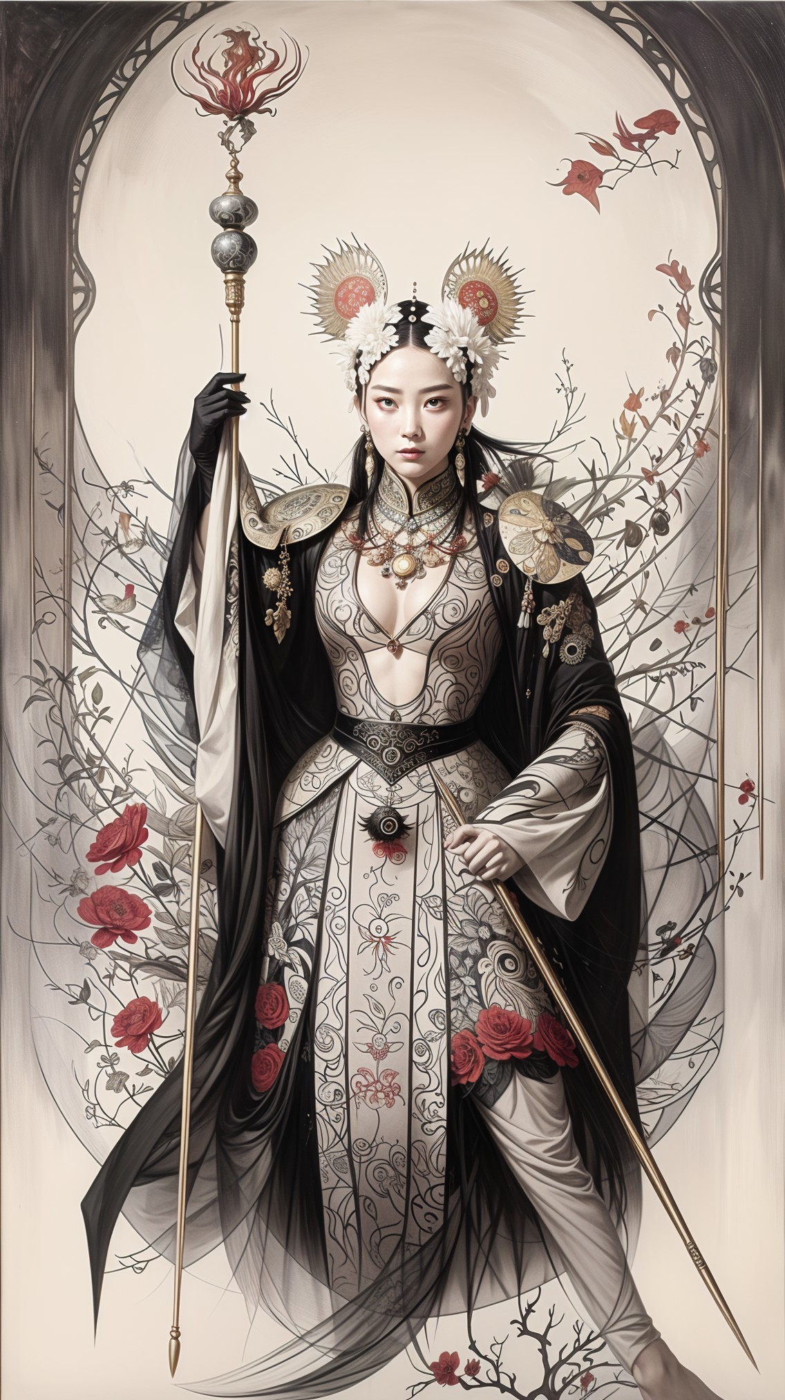 Traditional Attire with Floral Patterns and Staff