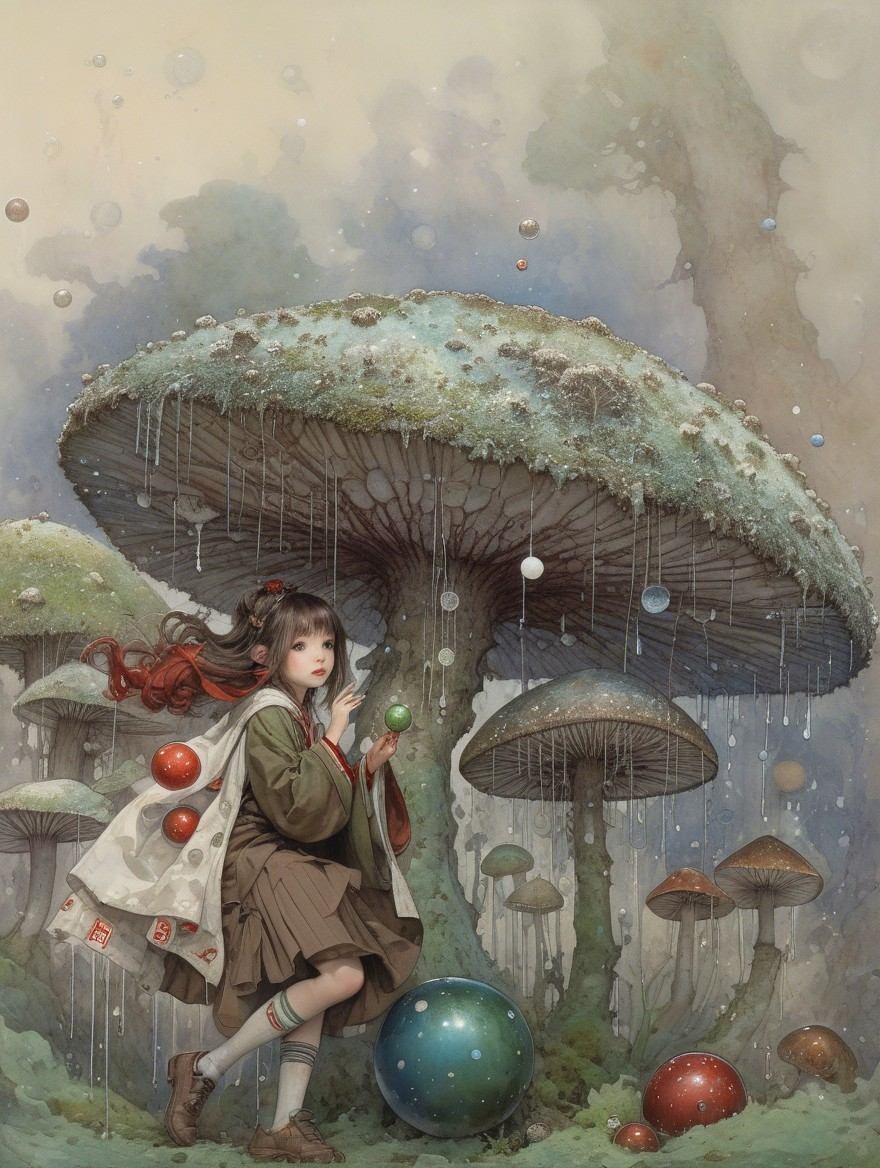 Whimsical Scene of a Girl Among Giant Colorful Mushrooms
