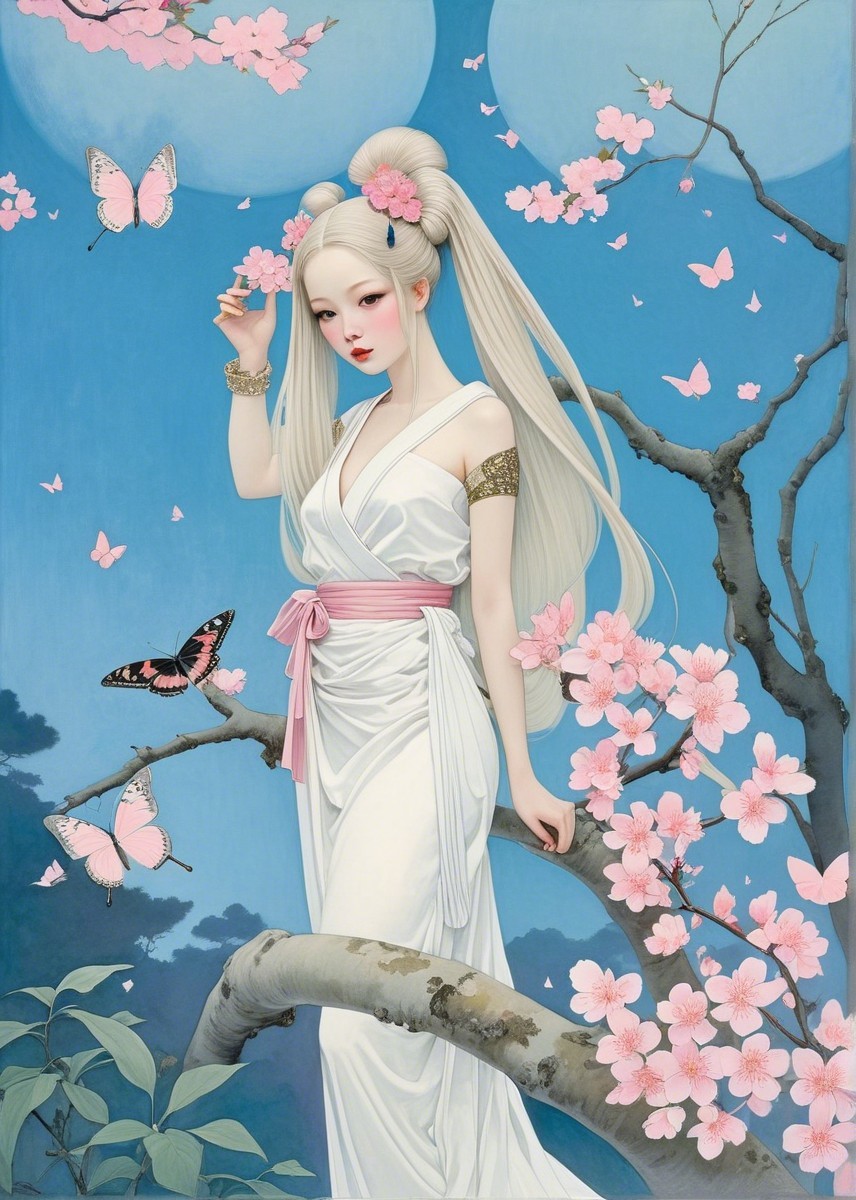 Serene Female Figure Among Cherry Blossoms and Moons