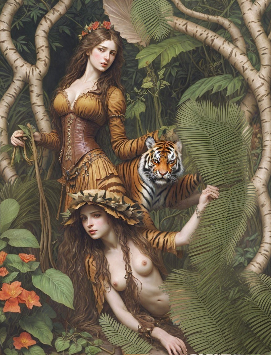 Vibrant Tiger-Striped Outfits in Tropical Setting
