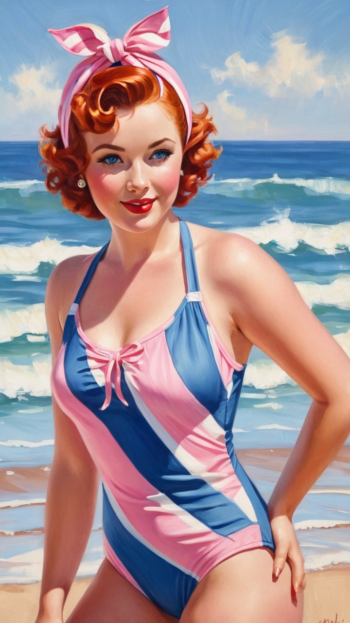 Cheerful woman in vintage swimsuit by the beach
