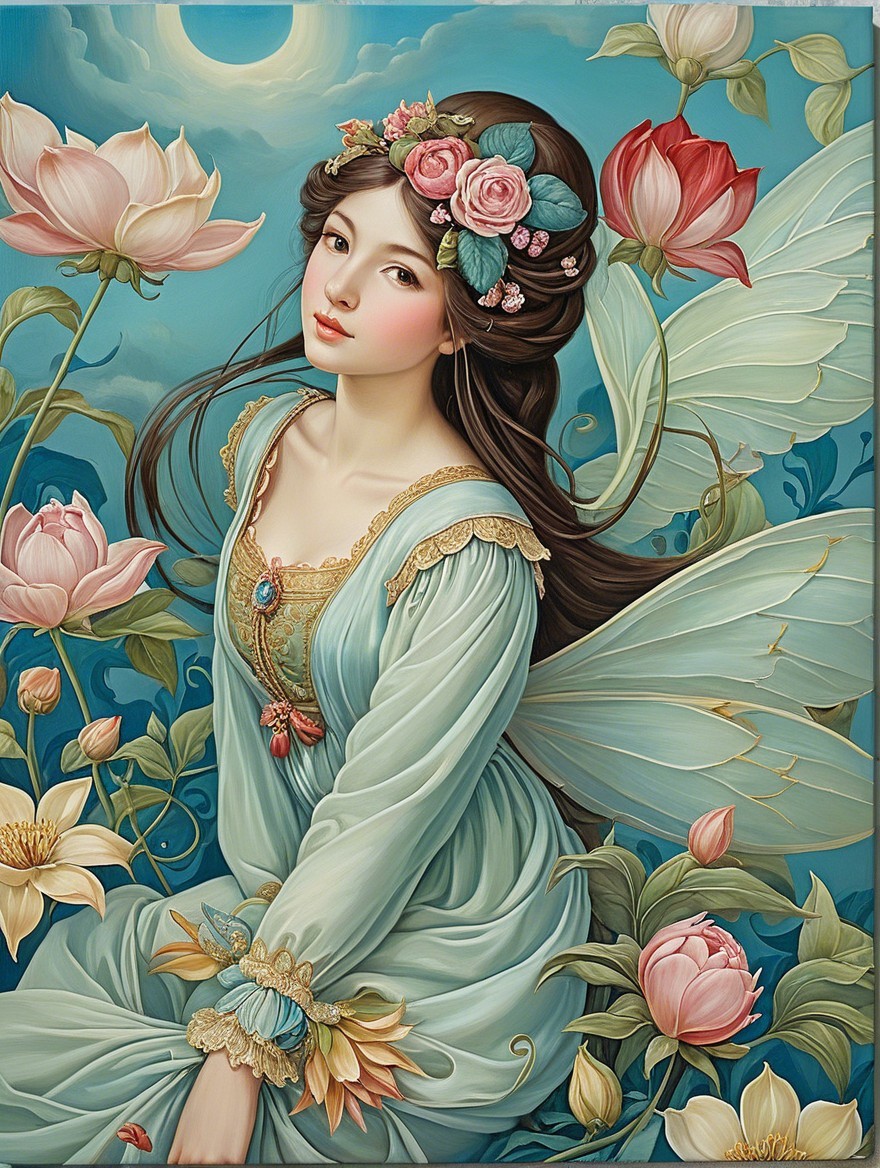 Fairy with Butterfly Wings Among Lotus Flowers