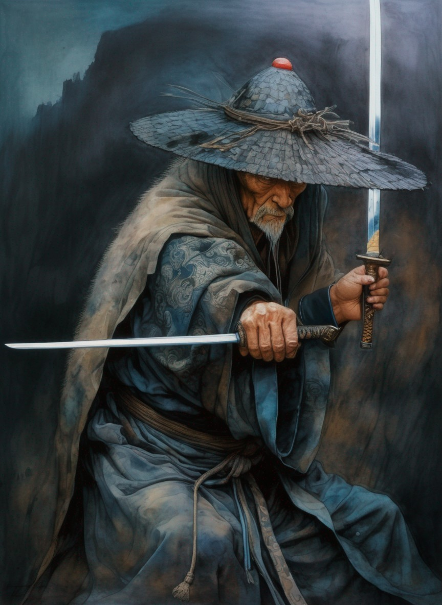 Elderly Warrior in Traditional Attire with Katana