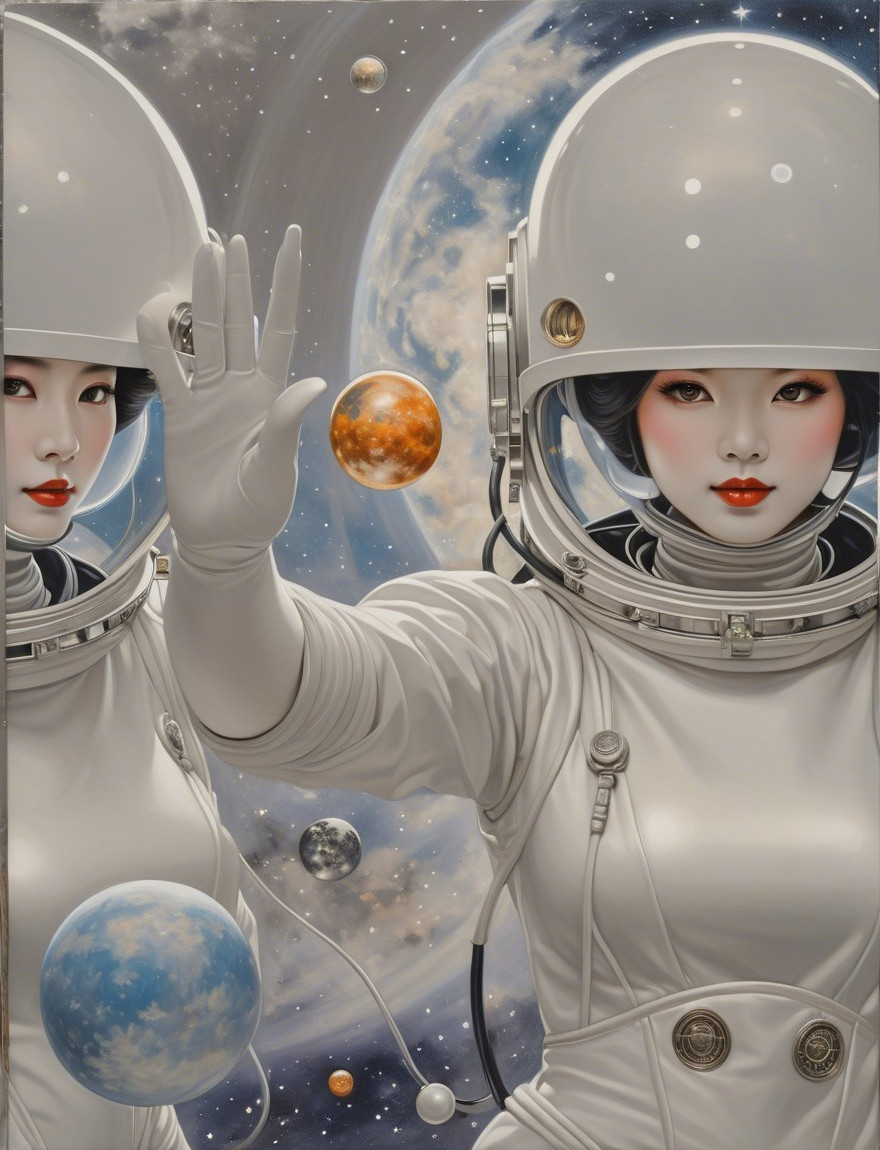 Two Female Astronauts in Futuristic Spacesuits