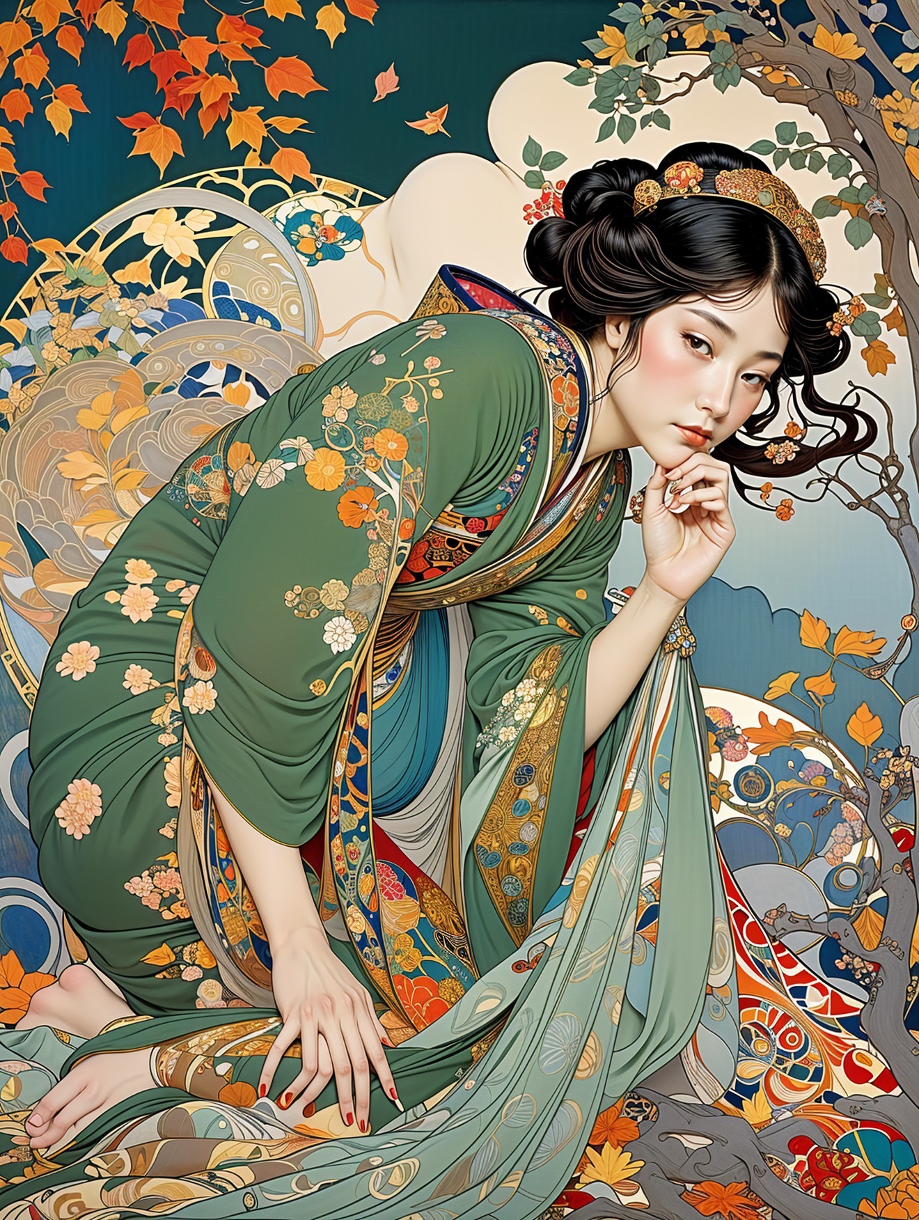 Illustration of Woman in Traditional Kimono Amid Autumn