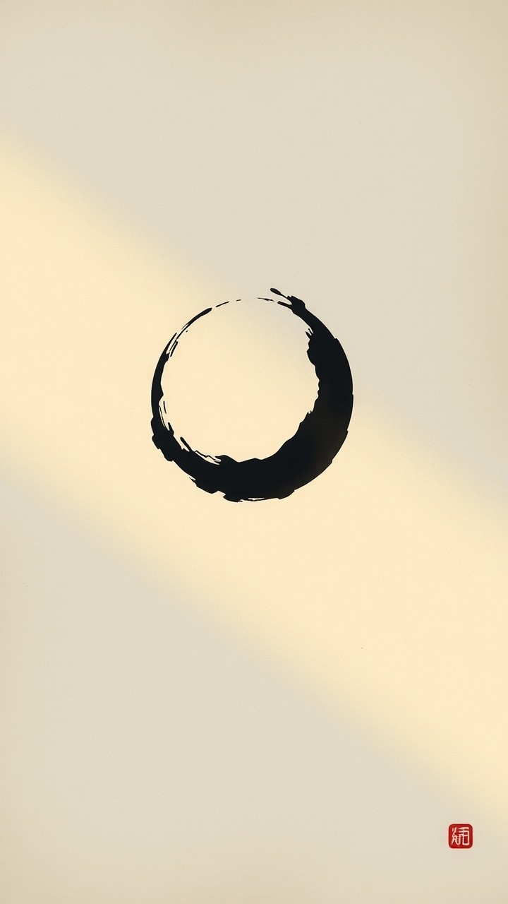 Minimalistic Artwork with Black Circle on Beige Background