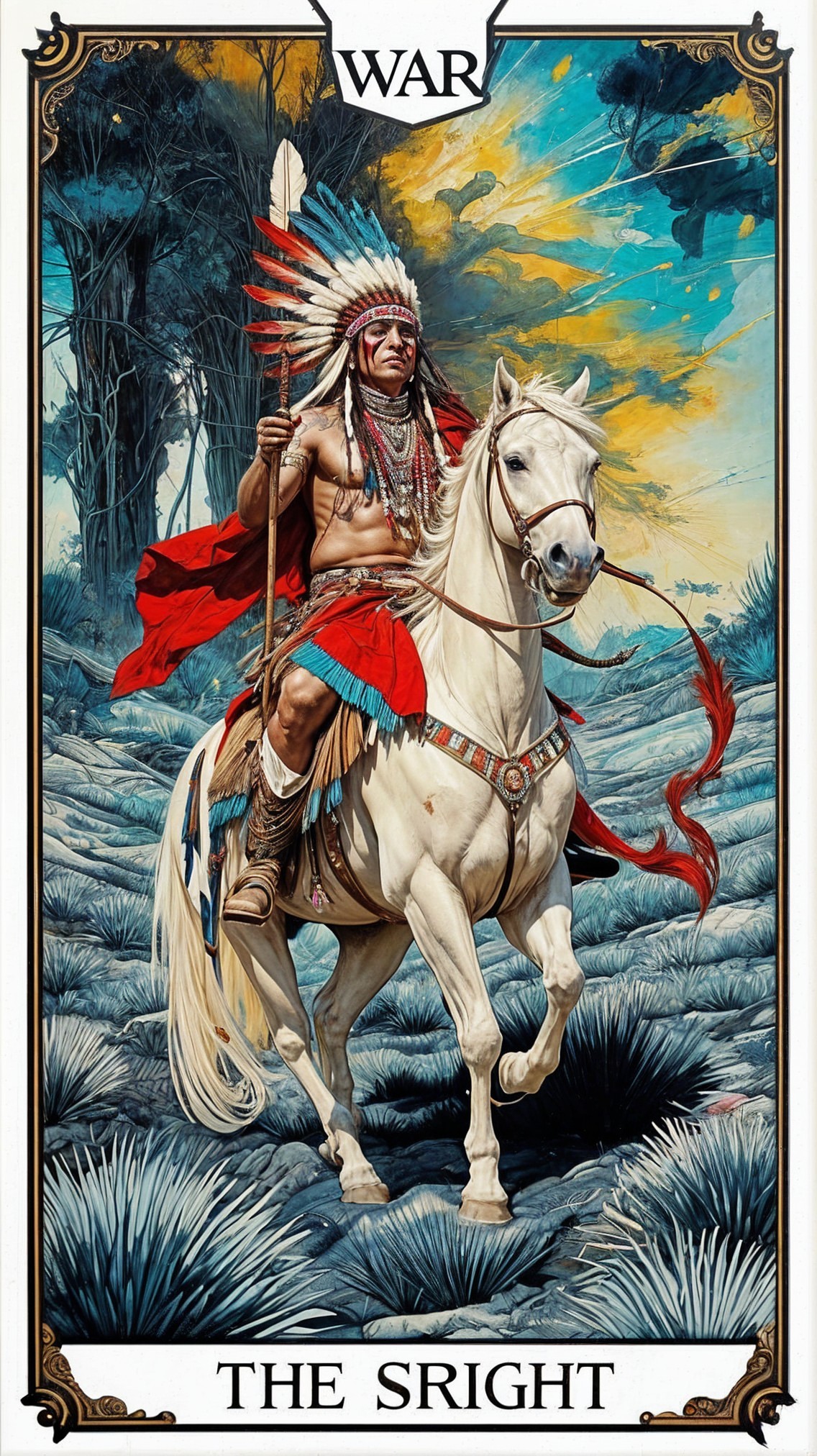 Native American Warrior on Horse in Vibrant Landscape