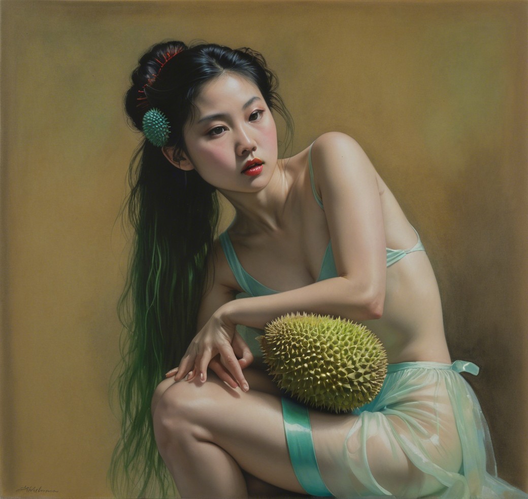 Young woman with black hair and durian fruit portrait