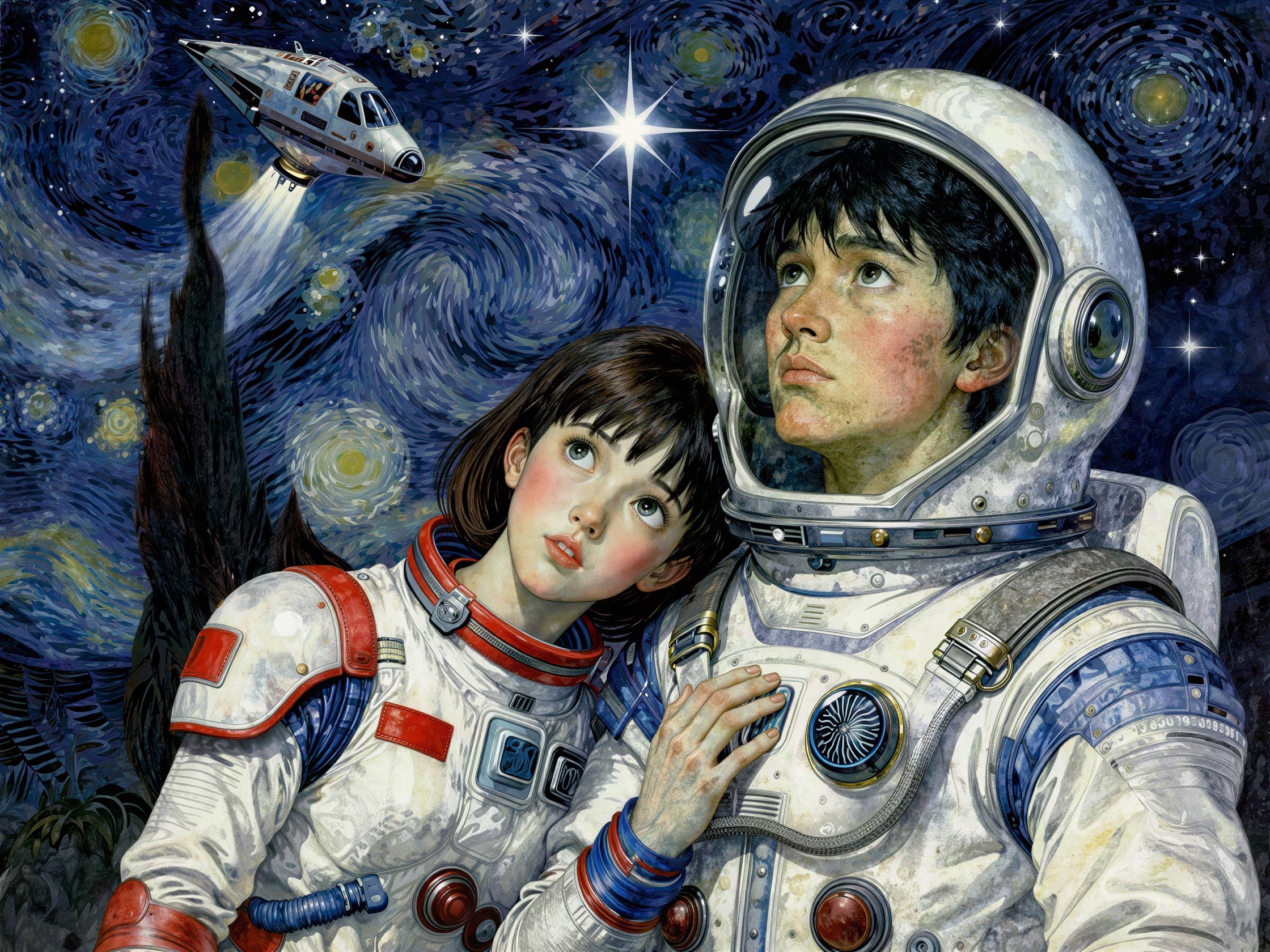 Full-body painting of two astronauts in starry sky