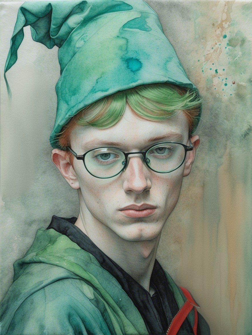 Portrait of a Young Person with Green Hair and Hat