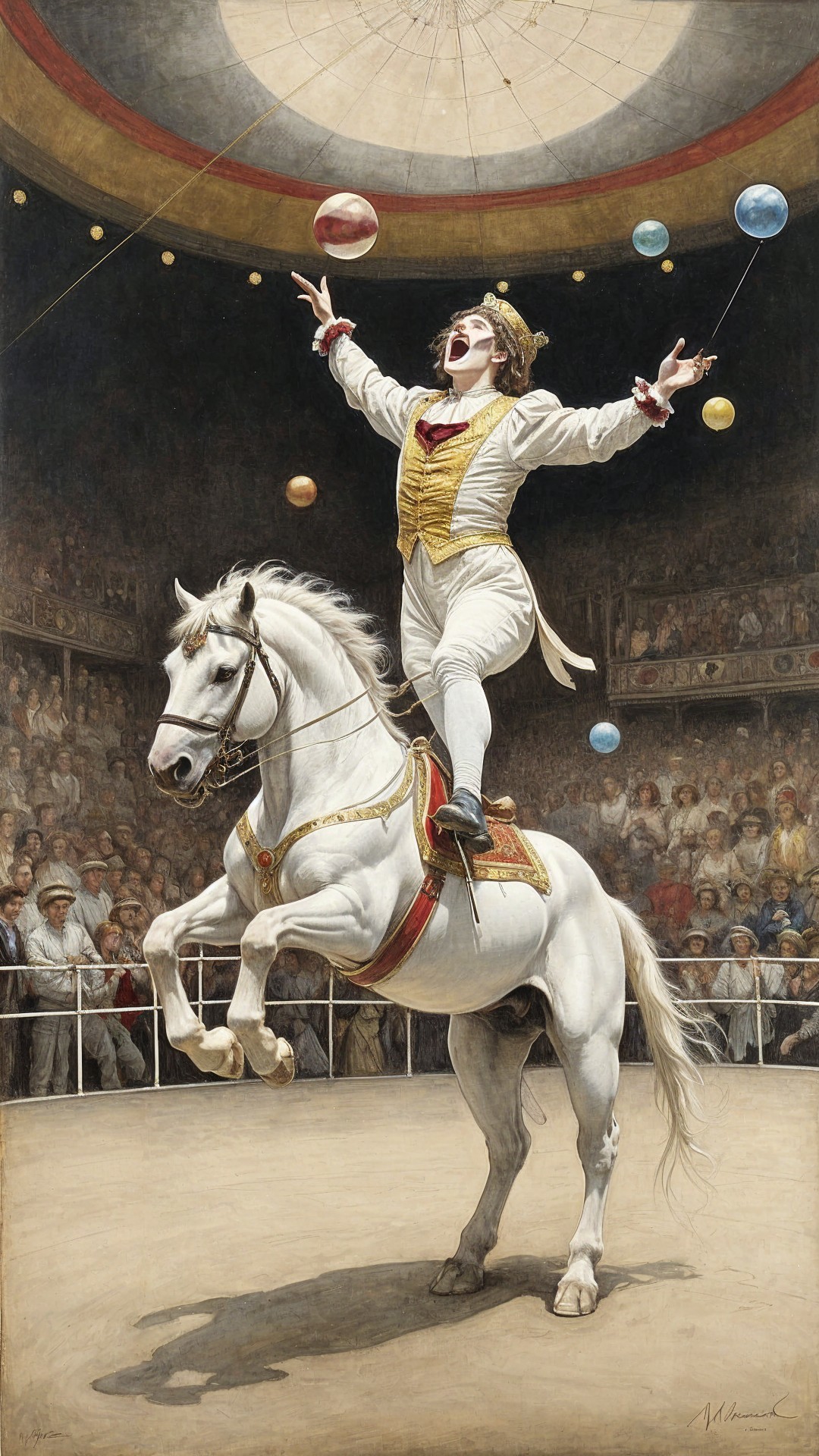 Vibrant Circus Scene with Jester and White Horse