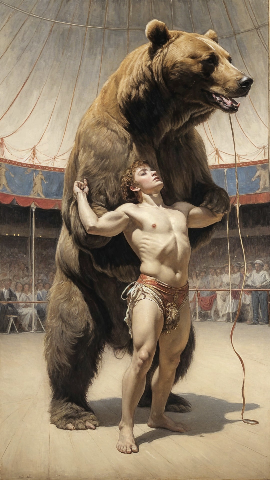 Circus Performer and Bear in Vibrant Tent Setting