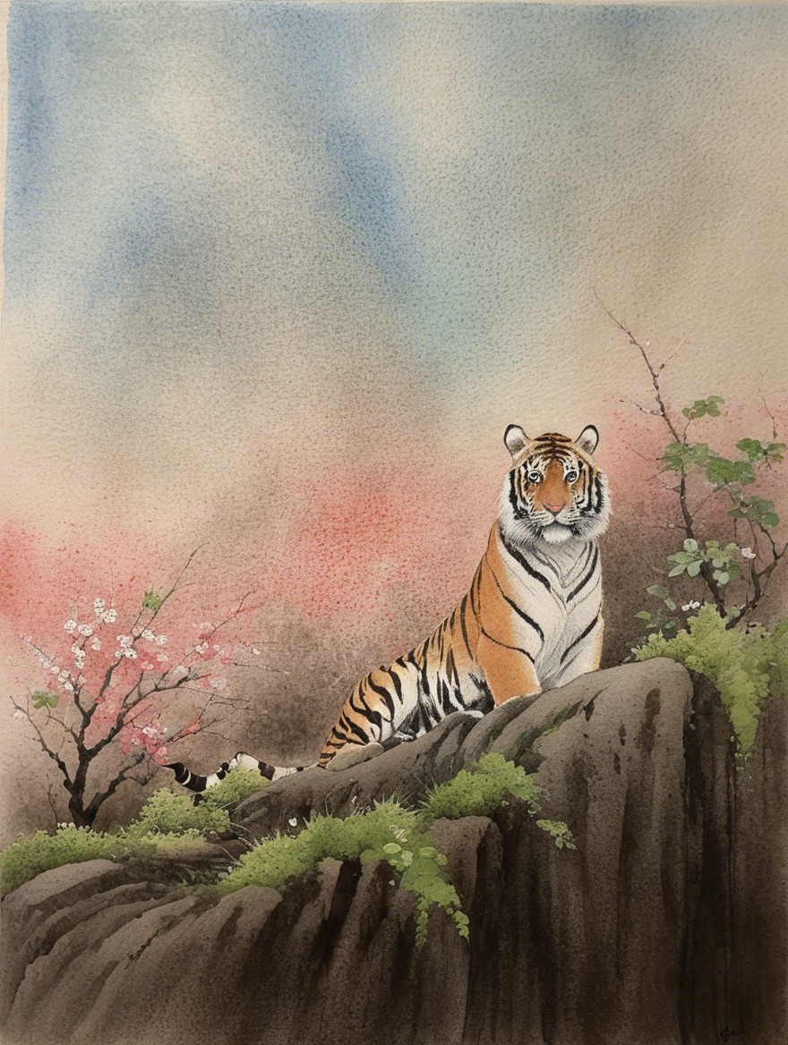Majestic tiger on rocky outcrop with serene background