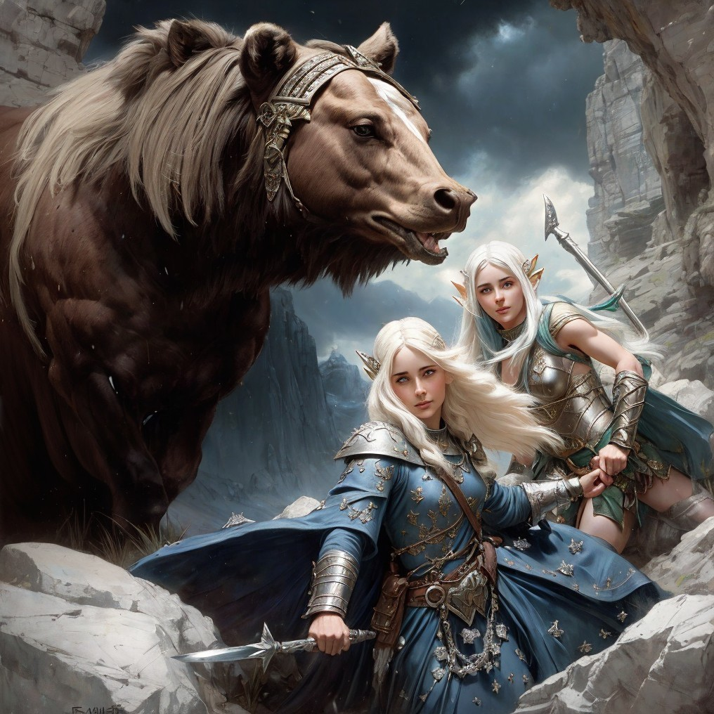 Elf Warriors in Mystical Landscape with Bear Companion