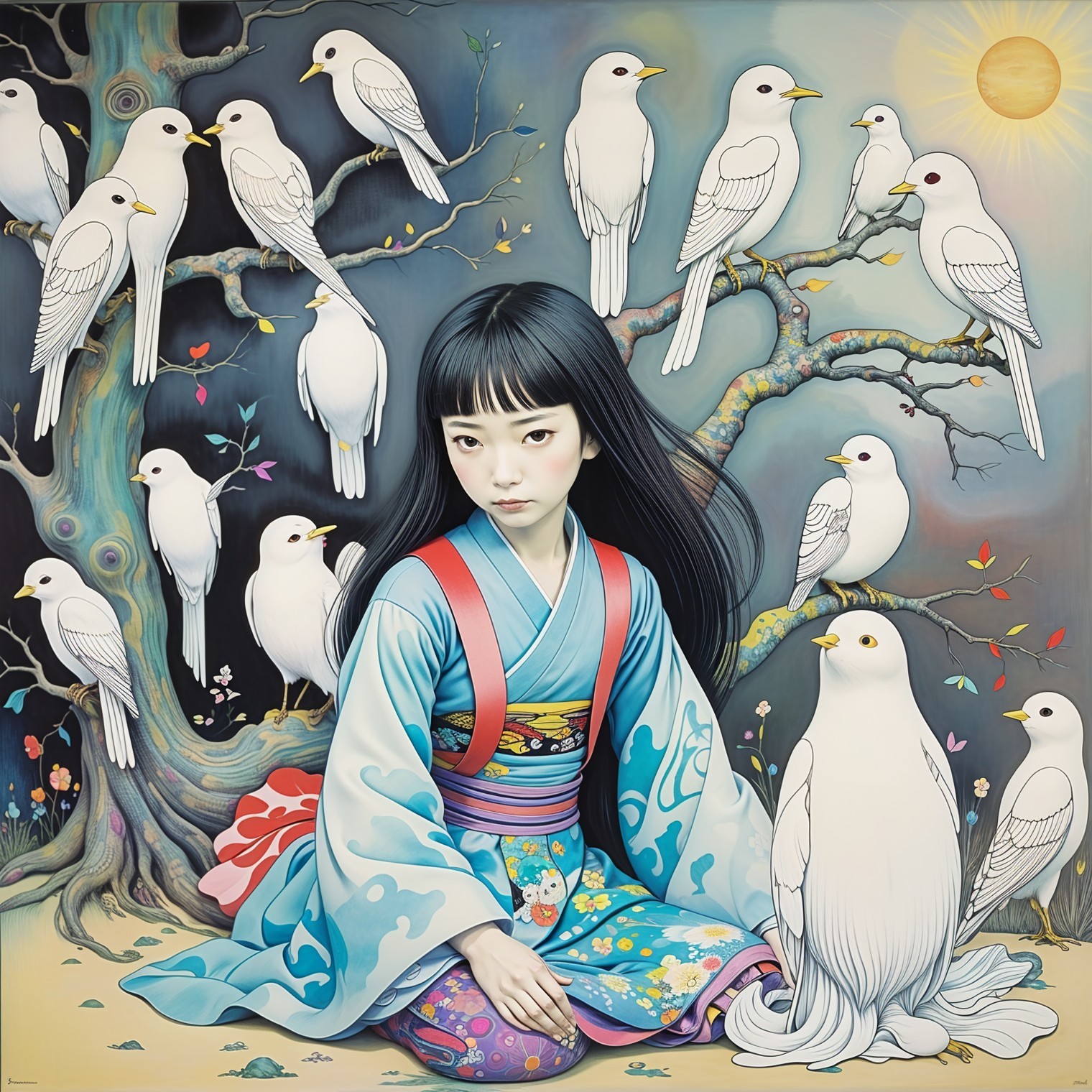 Young girl in kimono surrounded by doves and blossoms