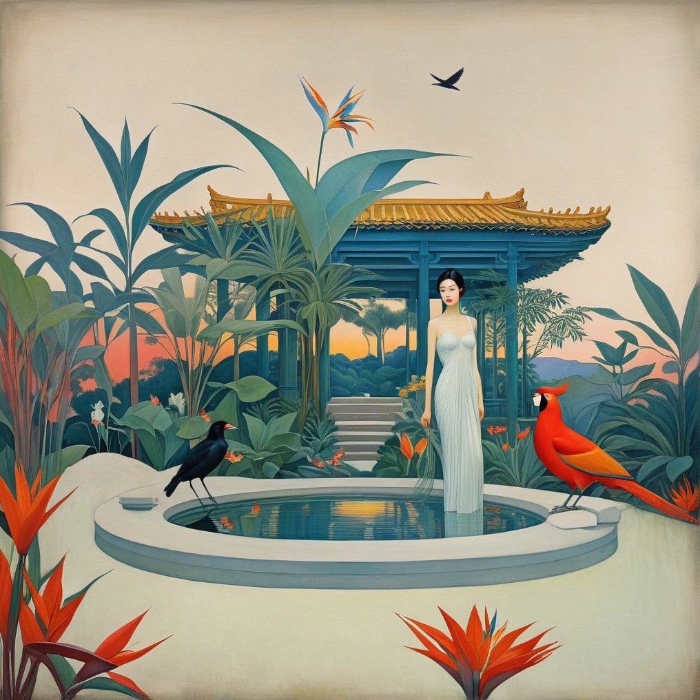 Serene Woman by Pond in Tropical Garden Setting