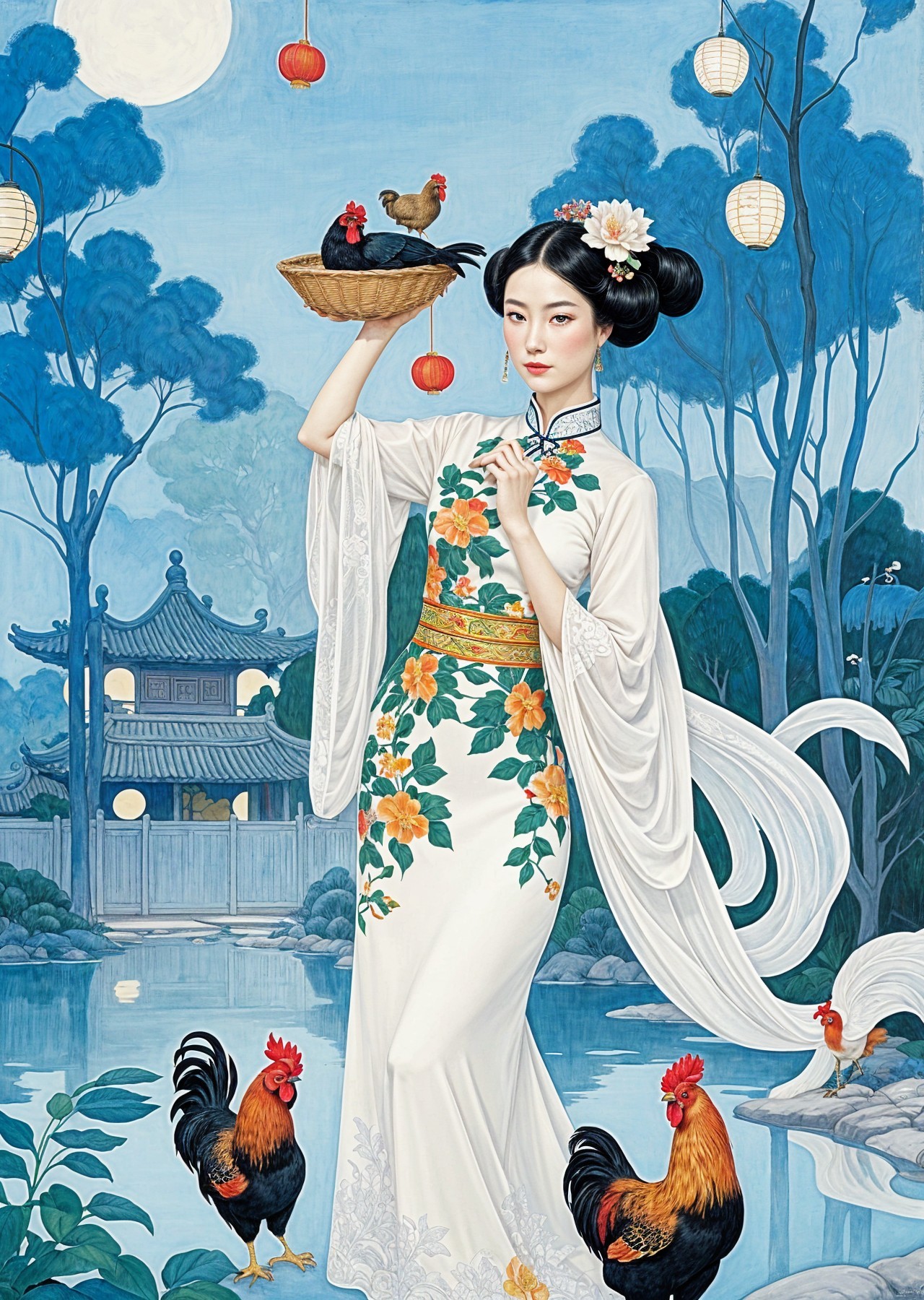 Elegant Woman in Embroidered Cheongsam by Pond