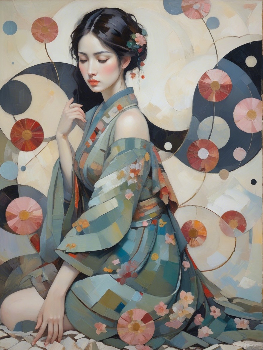Portrait of a young woman in a floral kimono