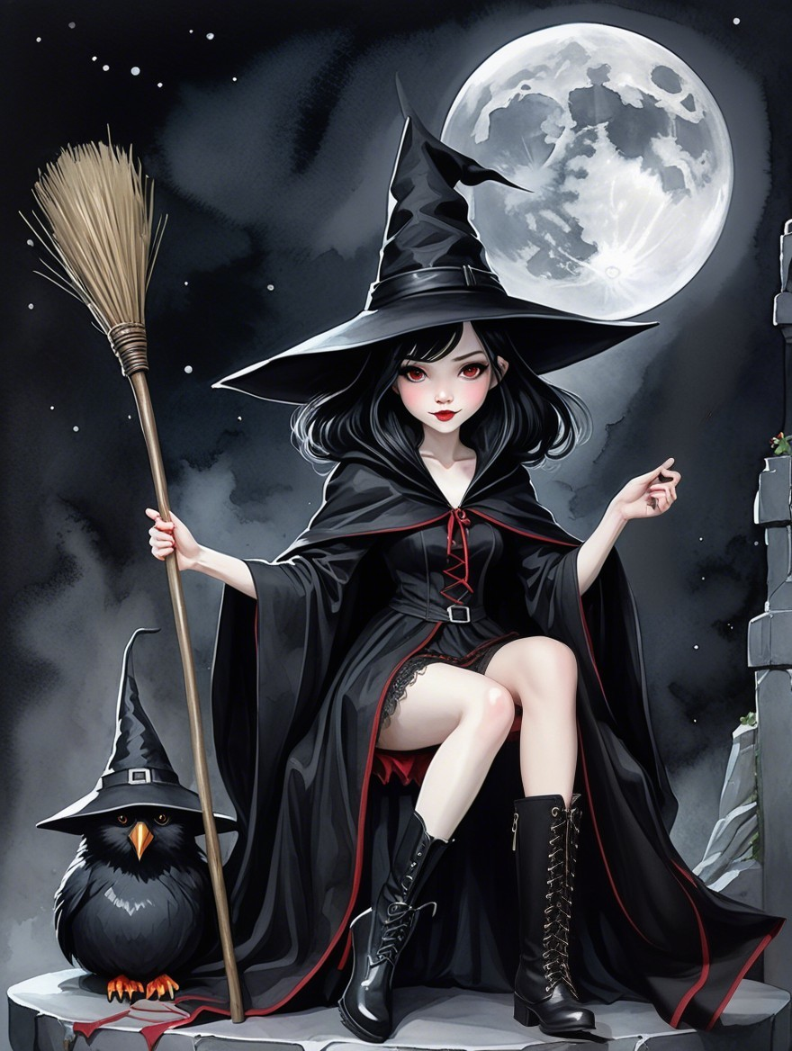 Whimsical witch on stone ledge with moonlit backdrop