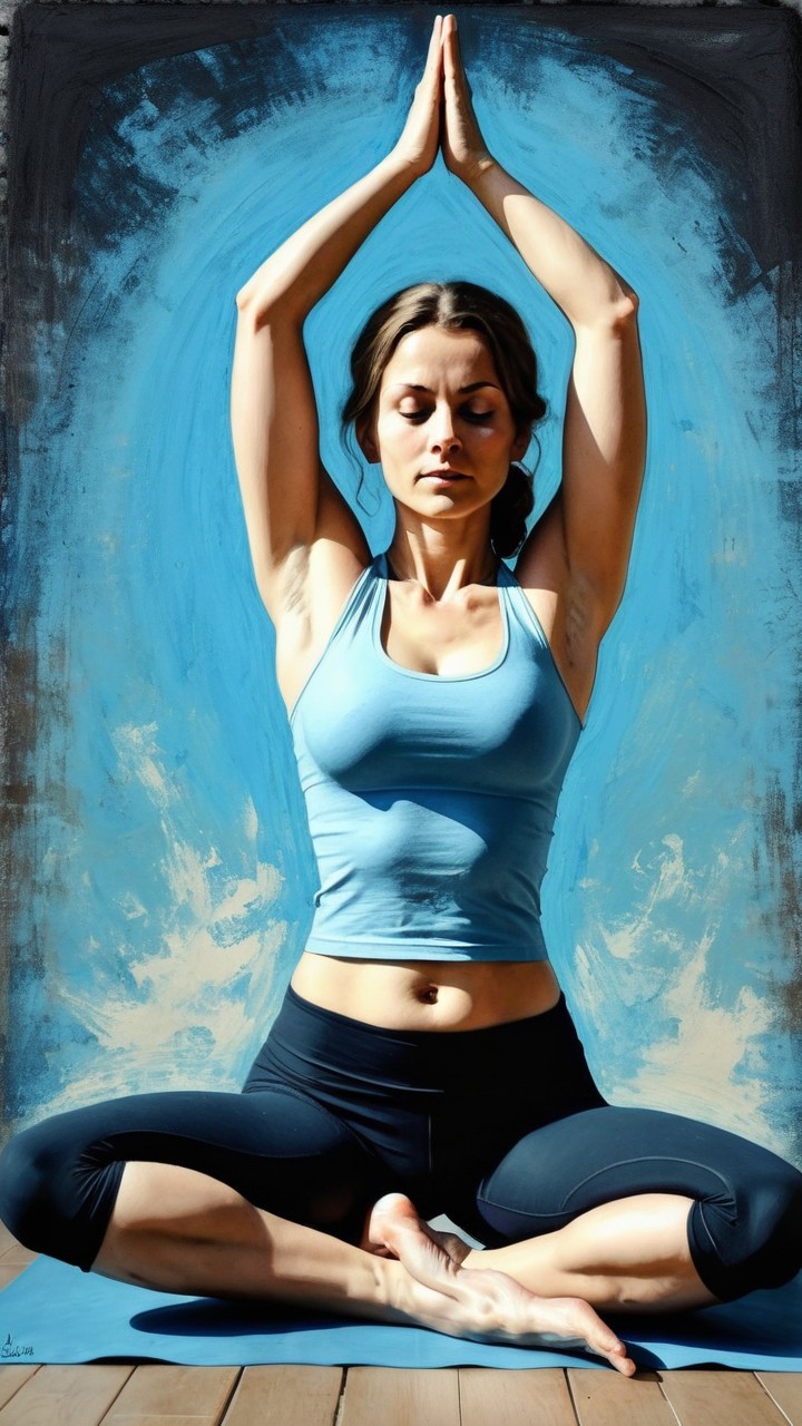 Woman practicing yoga in a serene blue setting