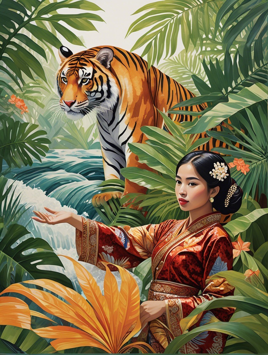 Jungle Scene with Woman and Tiger in Vibrant Colors